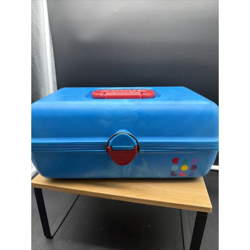 Vintage 1990s Caboodles Blue Makeup Cosmetic Organizer Case Red Handle